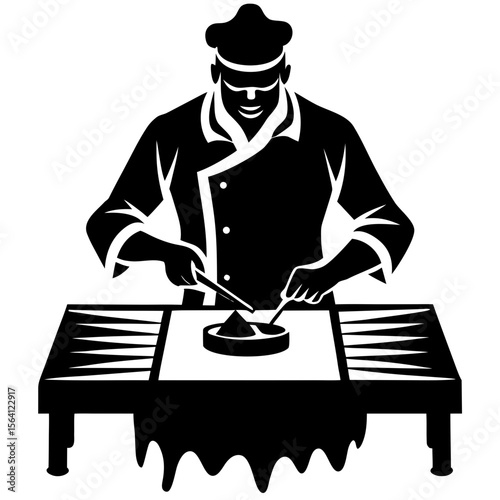 Chef preparing food on a table silhouette vector illustration