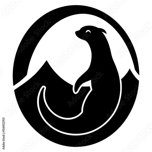 Otter with mountain in a circle black and white silhouette vector illustration