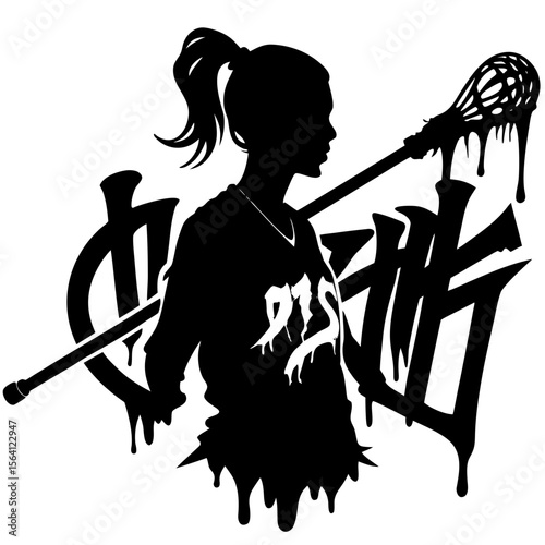 Lacrosse player with stick and chinese characters silhouette vector illustration