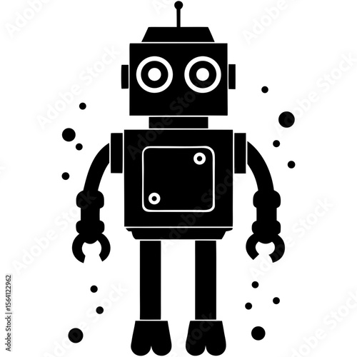 A black and white illustration of a vintage robot with square head and rectangular body shape design silhouette