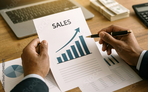 Businessman analyzing sales report with pen, financial graph charts depicting growth on wooden desk with laptop and cash, office workspace with economic data presentation, business success concept