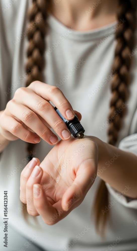 Obraz premium A person with braided hair applies essential oil from a small dropper bottle onto their wrist.