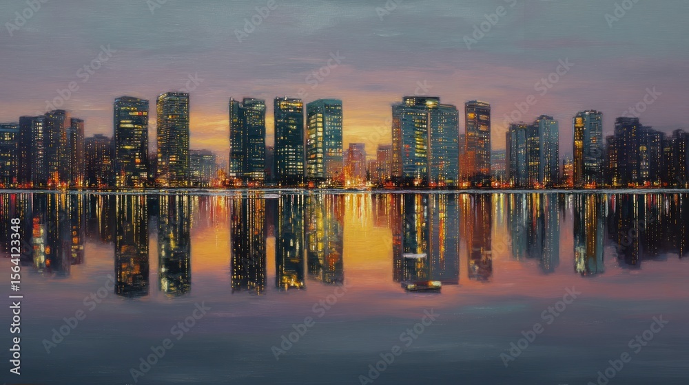 Obraz premium City skyline reflection at sunset urban tranquility modern architecture