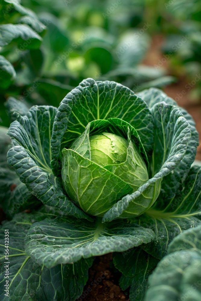 Fototapeta premium Close up of a cabbage head growing in a field, showing the tightly packed, deep green outer leaves
