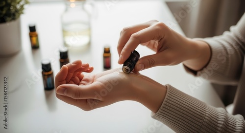 A person applies essential oil on their wrist using a roller bottle, with multiple small bottles in the background on a white surface.