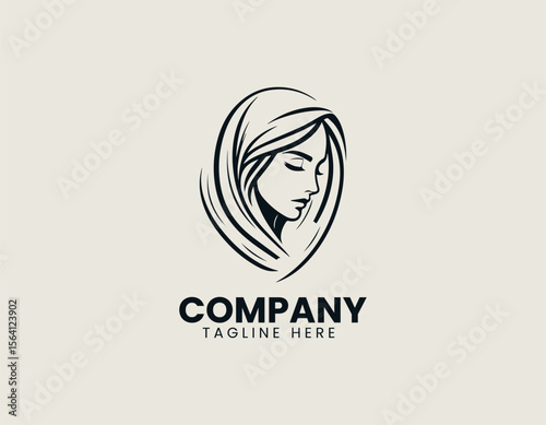 Elegant hooded woman drawn in simple black line art as logo vector for feminine brand