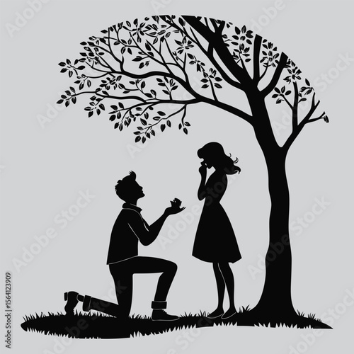 Man proposing under tree with fairy lights silhouette vector design art and illustration
