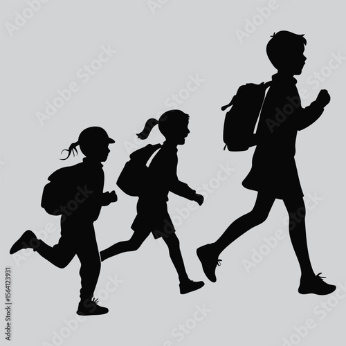 School children running with backpacks silhouette vector design art and illustration