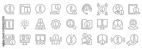 Information icon set. Reception information, journey path, guide book. info center, call center, faq chat bubbles, info help desk, news, instructions, notice and more. Vector illustration