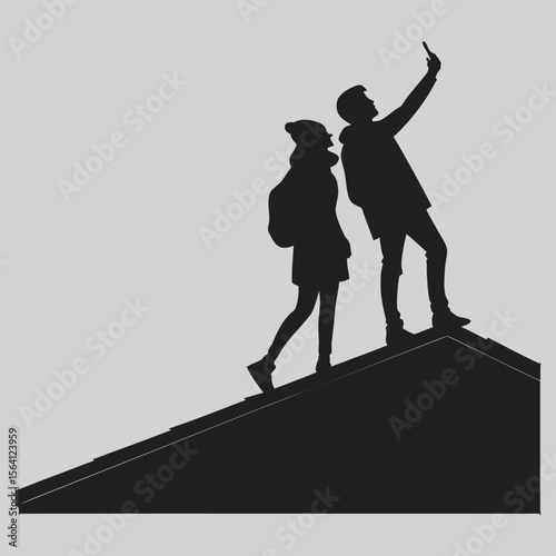 Two friends taking selfie on rooftop silhouette vector design art and illustration