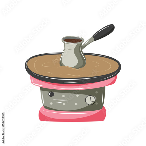 Turkish coffee on sand in a cezve. Turkish coffee making traditions. Coffee equipment. Vector isolated. 
