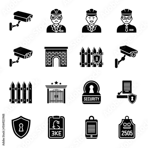 Enhanced Security Measures Icon Set for Surveillance, Access Control, and Protection