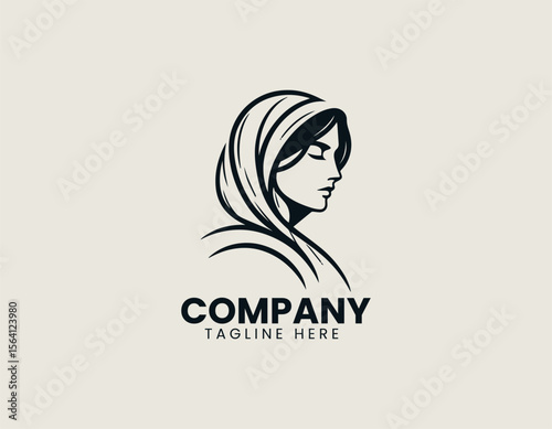 Elegant hooded woman drawn in simple black line art as logo vector for feminine brand