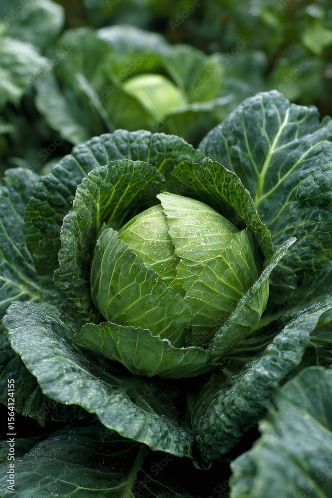 Obraz premium Close up of a vibrant green cabbage head, thriving amidst lush foliage in a cultivated field, showcasing the beauty of organic agriculture