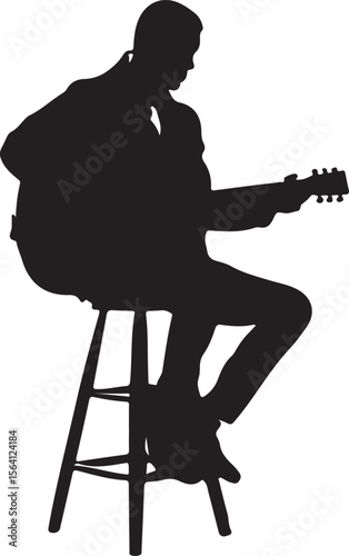 Man Sitting on a Stool Playing Guitar Silhouette Vector Illustration on Transparent Background