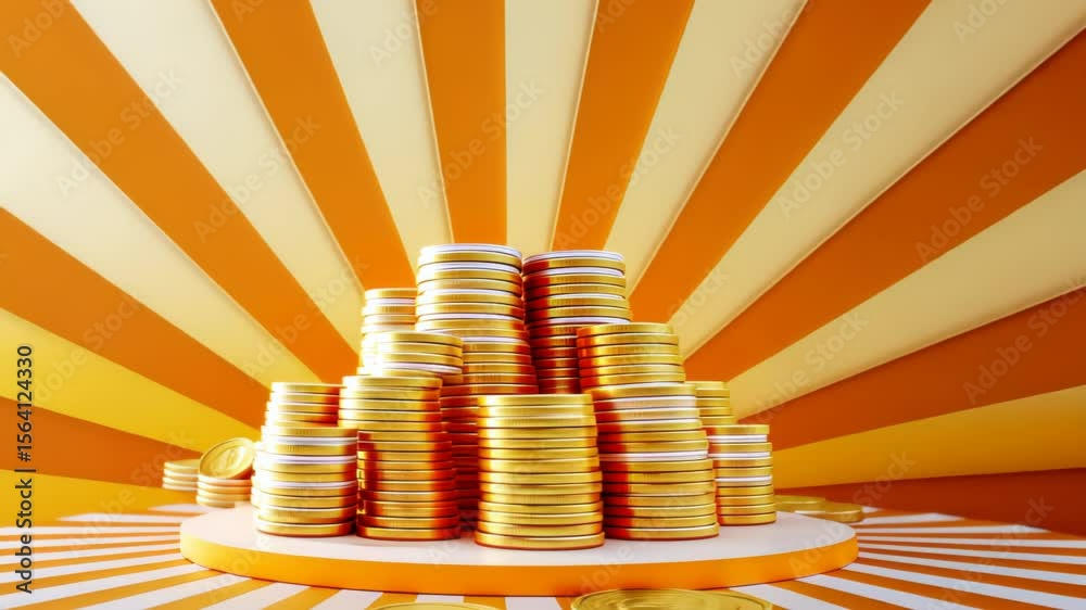 Gold coins stacked on a platform with orange & cream striped background