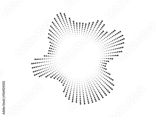 Circular audio wave pattern created with black dots. The vector design represents sound waves and music visualization in a minimalist style.