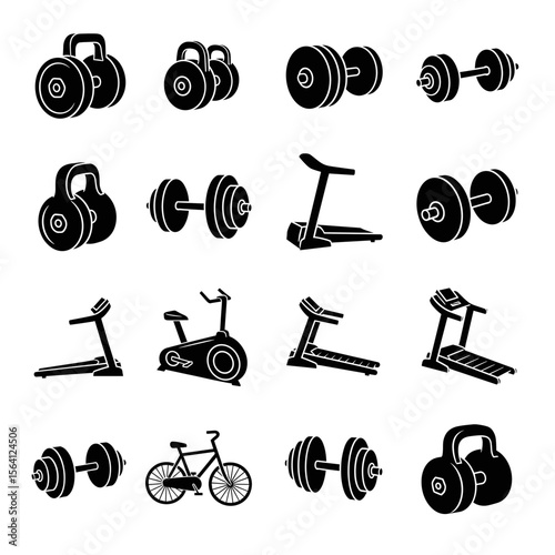 Fitness Equipment Icons Dumbbells, Kettlebells, Treadmills, Exercise Bikes, and More