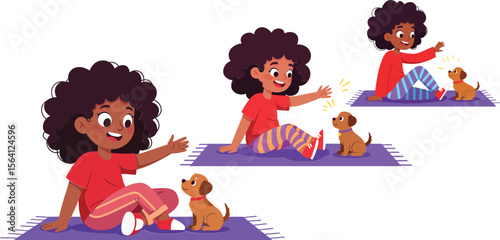 Child sitting on purple mat playing with small brown dog in sequence of happy movements indoors 