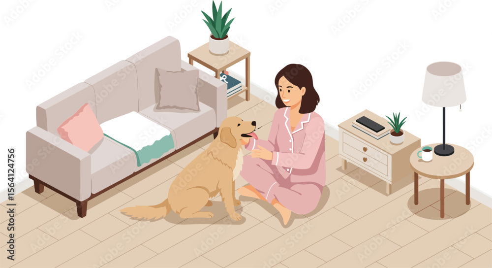 Fototapeta premium Woman in pink pajamas playing with golden retriever dog in cozy modern living room with soft lighting and home plants 
