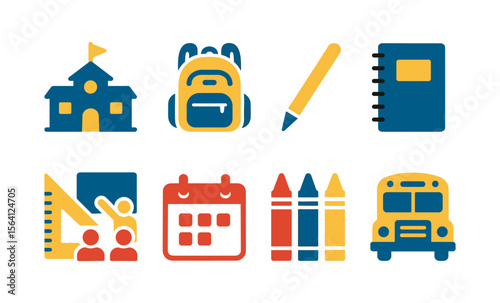 Educational icons set: school, backpack, stationery, and learning symbols