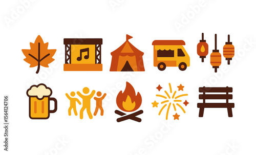 Autumn festival icons collection with campfire, food truck, live music, and fireworks celebration