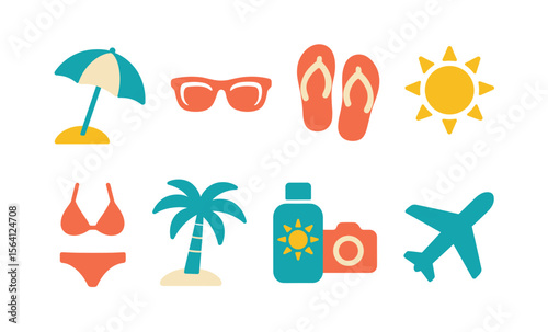 Summer holiday icons: beach essentials, sun, travel, and relaxation