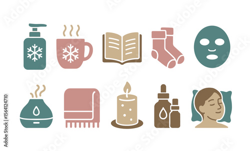 Cozy winter essentials icons: warm socks, hot beverage, skincare, relaxation, aromatherapy