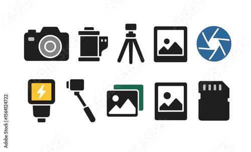 Camera icons set featuring tripod, shutter, flash, and memory symbols for photographers