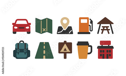 Colorful travel and camping icons featuring map, car, fuel pump, and more for outdoor adventures