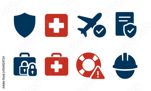 Safety and travel icon set featuring shield, first aid, plane, and hard hat symbols