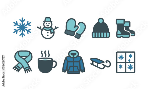 Winter essentials icons: snowflake, snowman, mittens, hat, boots, scarf, hot drink, jacket, sled, window