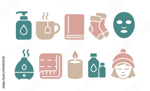 Cozy autumn essentials: tea, relaxation, comfort, and pampering icons