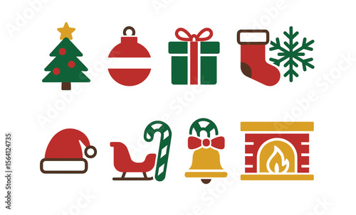 Festive holiday icons: christmas tree, ornament, gift, stocking, snowflake, santa hat, sleigh, candy cane, bell, fireplace