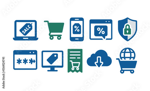 E-commerce and digital shopping icons: cart, sale, security, mobile, cloud download