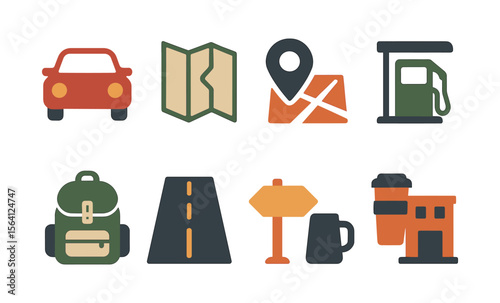 Travel and transport icons: car, gas, map, backpack, road, coffee