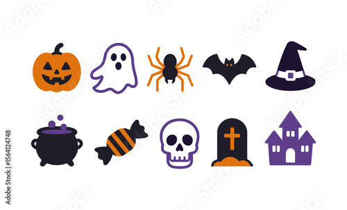 Halloween icons: pumpkin, ghost, spider, bat, witch hat, cauldron, candy, skull, tombstone, haunted house