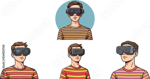 Young man wearing virtual reality headset with striped shirts in various poses technology and digital experience visualization 