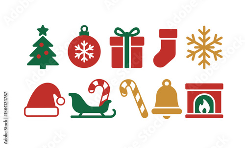 Colorful christmas icons set: tree, ornament, gift, stocking, snowflake, santa hat, sleigh, candy cane, bell, fireplace