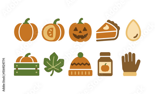 Autumn harvest icons set featuring pumpkins, pies, and cozy accessories