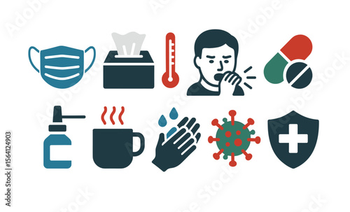 Essential health icons for preventing cold and flu: masks, hygiene, and medication symbols