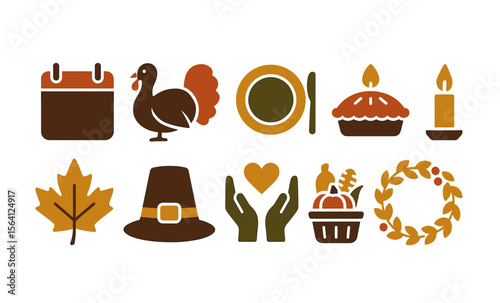 Thanksgiving icons: turkey, feast, autumn leaves, and festive symbols collection