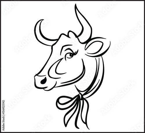 Cow Head in Profile with Decorative Outline and Ornamental Details Vector Icon