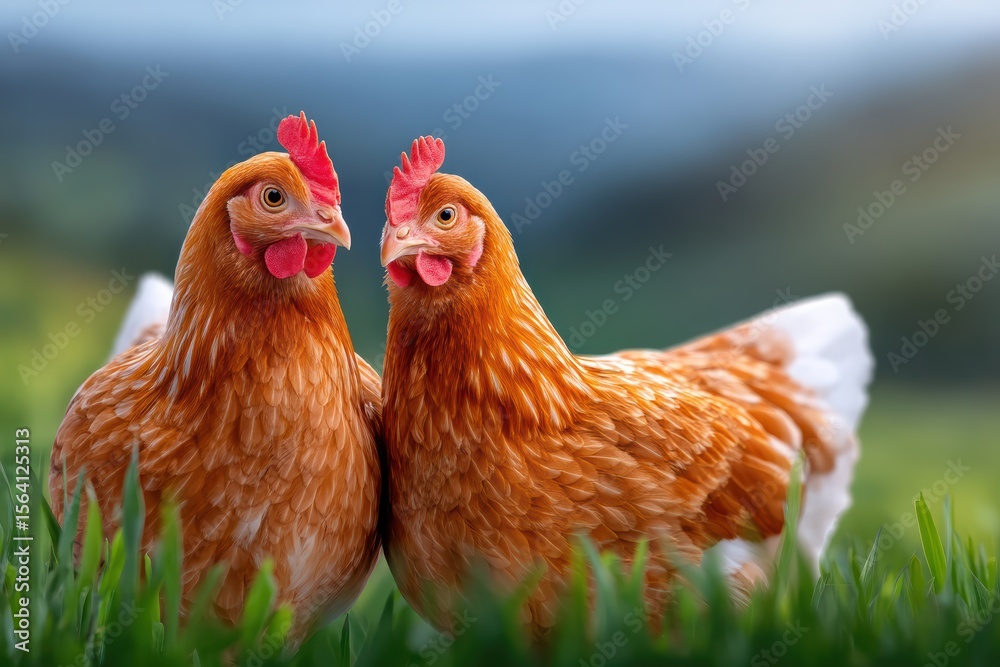Fototapeta premium Freerange chickens in sunlit green meadow