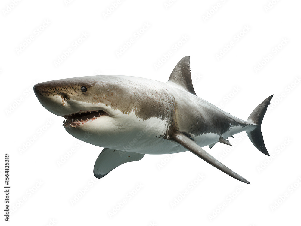 Fototapeta premium A powerful great white shark swimming with its mouth open, isolated on a clean white background for easy editing.