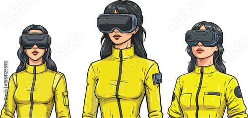 Three women wearing yellow jackets and virtual reality headsets engaged in immersive technology experience 