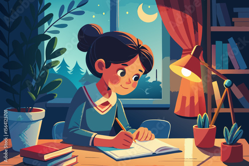 Little girl writing letters in a notebook with a pencil