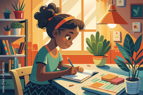 Little girl writing letters in a notebook with a pencil