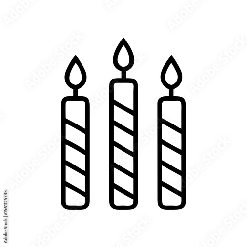 Three birthday candle icon with striped pattern and flame. Outline style black and white design element. Vector icon for cake decoration, celebration, party, festival, anniversary