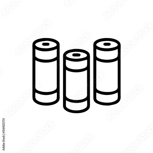 Three cylindrical household battery cells or chemical power source devices. Outline icon for energy, electricity, technology, power supply concept. Vector icon for website, app, print